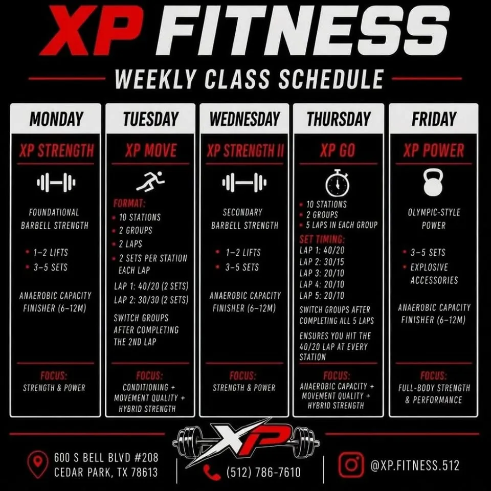 The XP Fitness weekly class schedule board, listed in full below.